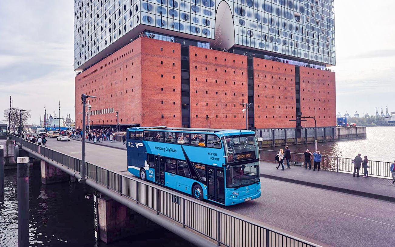 Hop-on hop-off bus near Elbphilharmonie in Hamburg.