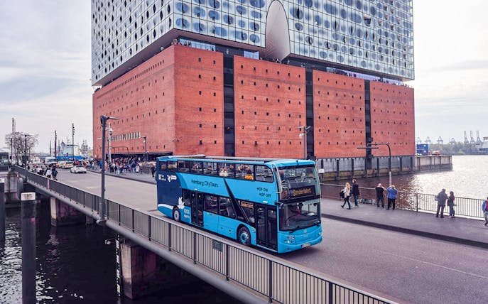 Hop-on hop-off bus near Elbphilharmonie in Hamburg.