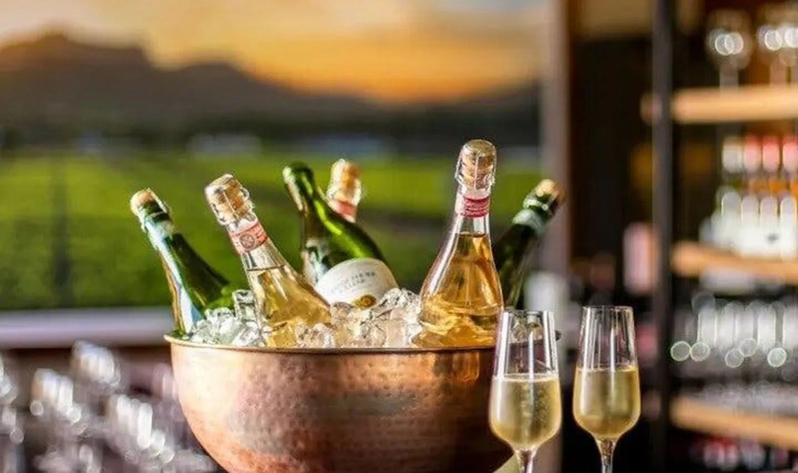 Chilled champagne bottles and glasses on a Cape Town wine tour backdrop.