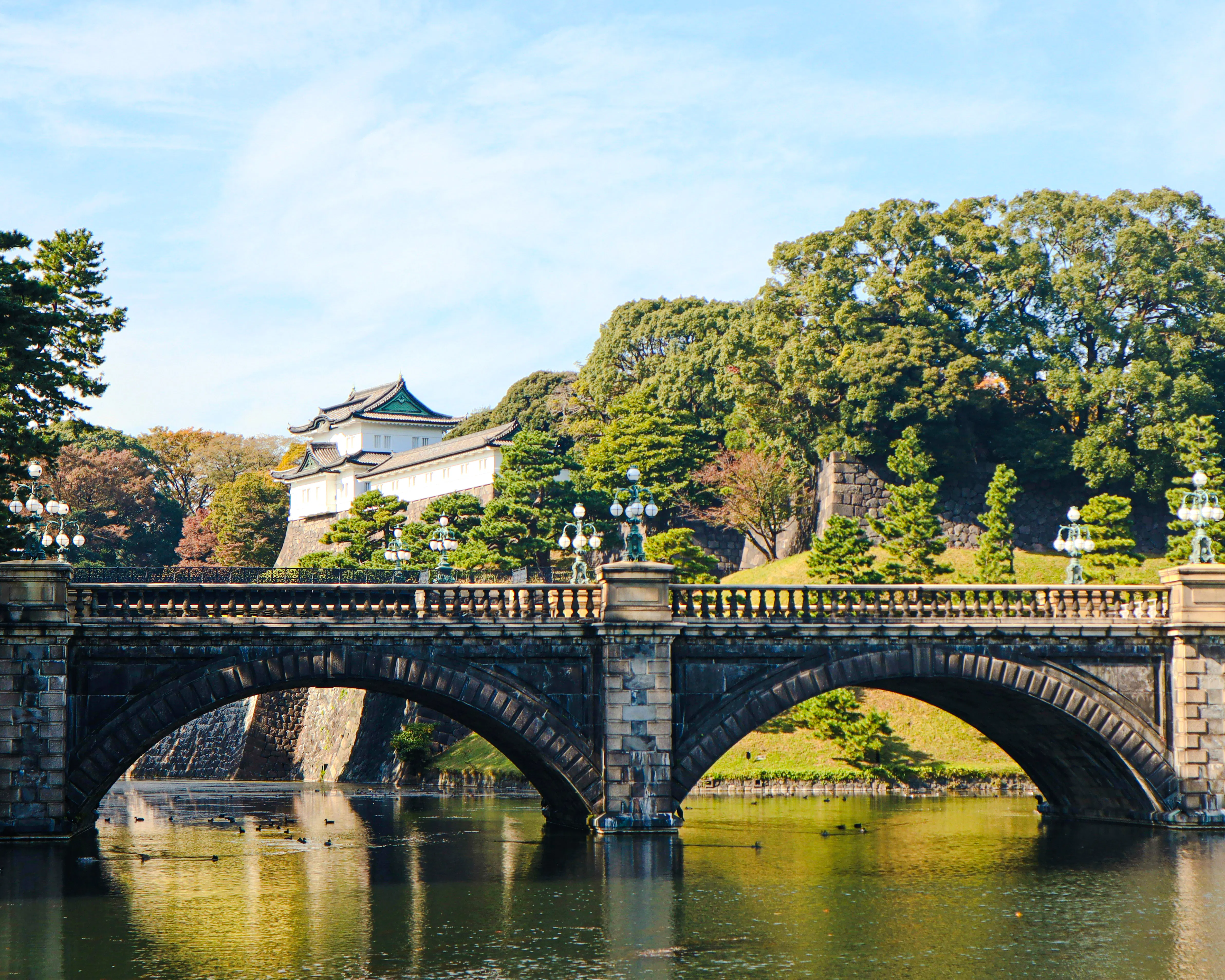 Imperial Palace Tokyo with stone bridge and surrounding gardens.