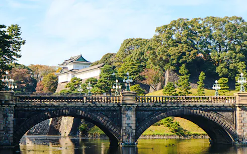 Imperial Palace Tokyo with stone bridge and surrounding gardens.