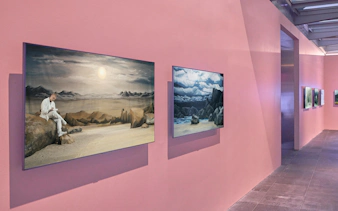 Exhibition paintings on pink wall at Ragnar Kjartansson: Mercy, National Gallery of Victoria.