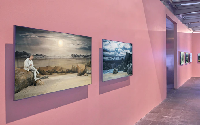 Exhibition paintings on pink wall at Ragnar Kjartansson: Mercy, National Gallery of Victoria.