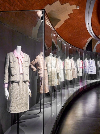 Chanel designs on display at Palais Galliera's Gabrielle Chanel Fashion Manifesto Exhibition, Paris.