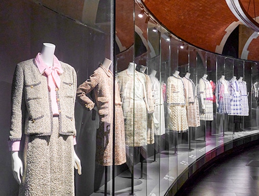 Chanel designs on display at Palais Galliera's Gabrielle Chanel Fashion Manifesto Exhibition, Paris.