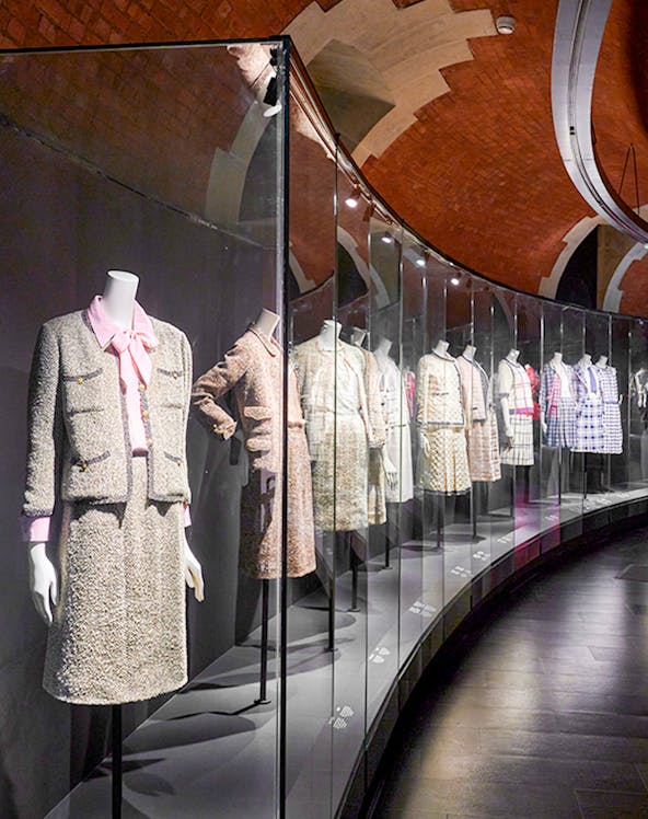 Chanel designs on display at Palais Galliera's Gabrielle Chanel Fashion Manifesto Exhibition, Paris.