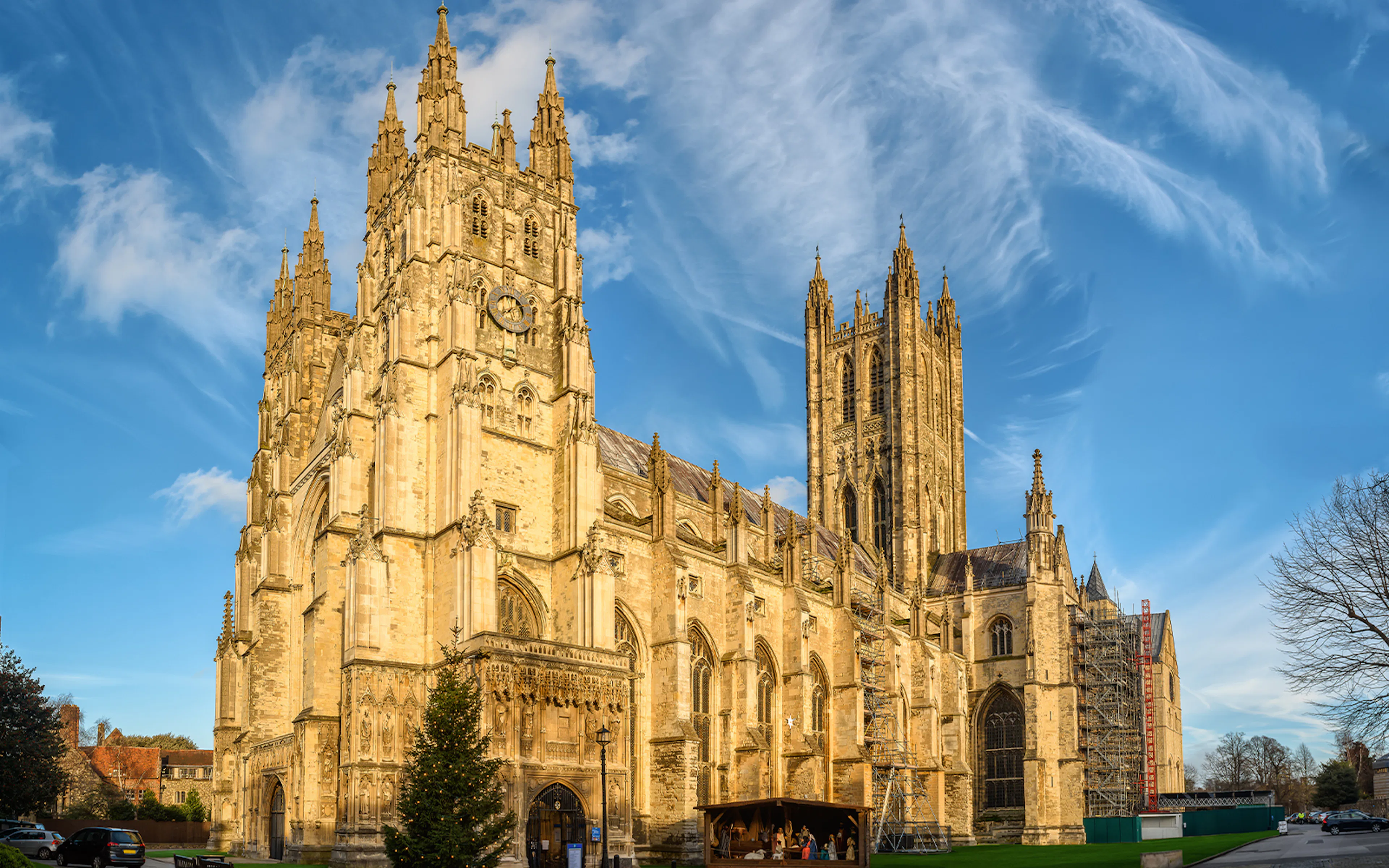 Canterbury Cathedral illuminated by sunset rays, England.
