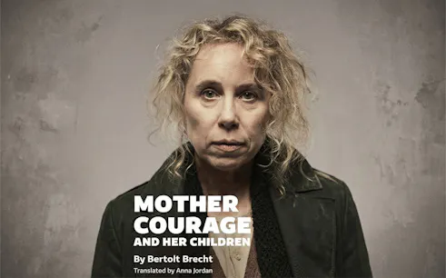Mother Courage Westend play poster featuring a woman with curly hair