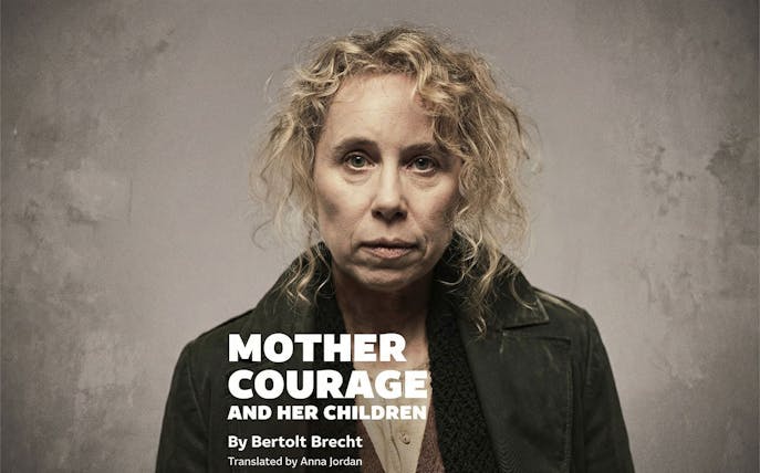 Mother Courage Westend play poster featuring a woman with curly hair