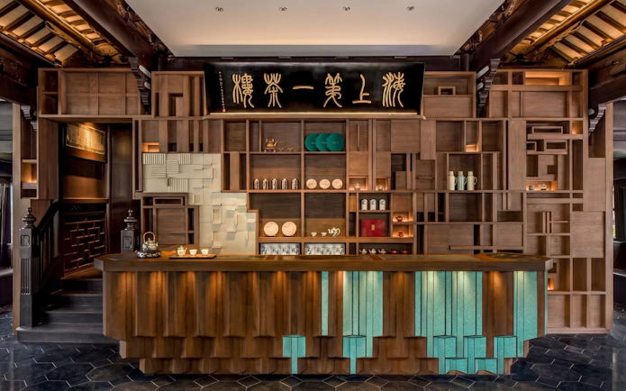 Yu Garden Huxinting Teahouse interior with traditional wooden decor, Shanghai.