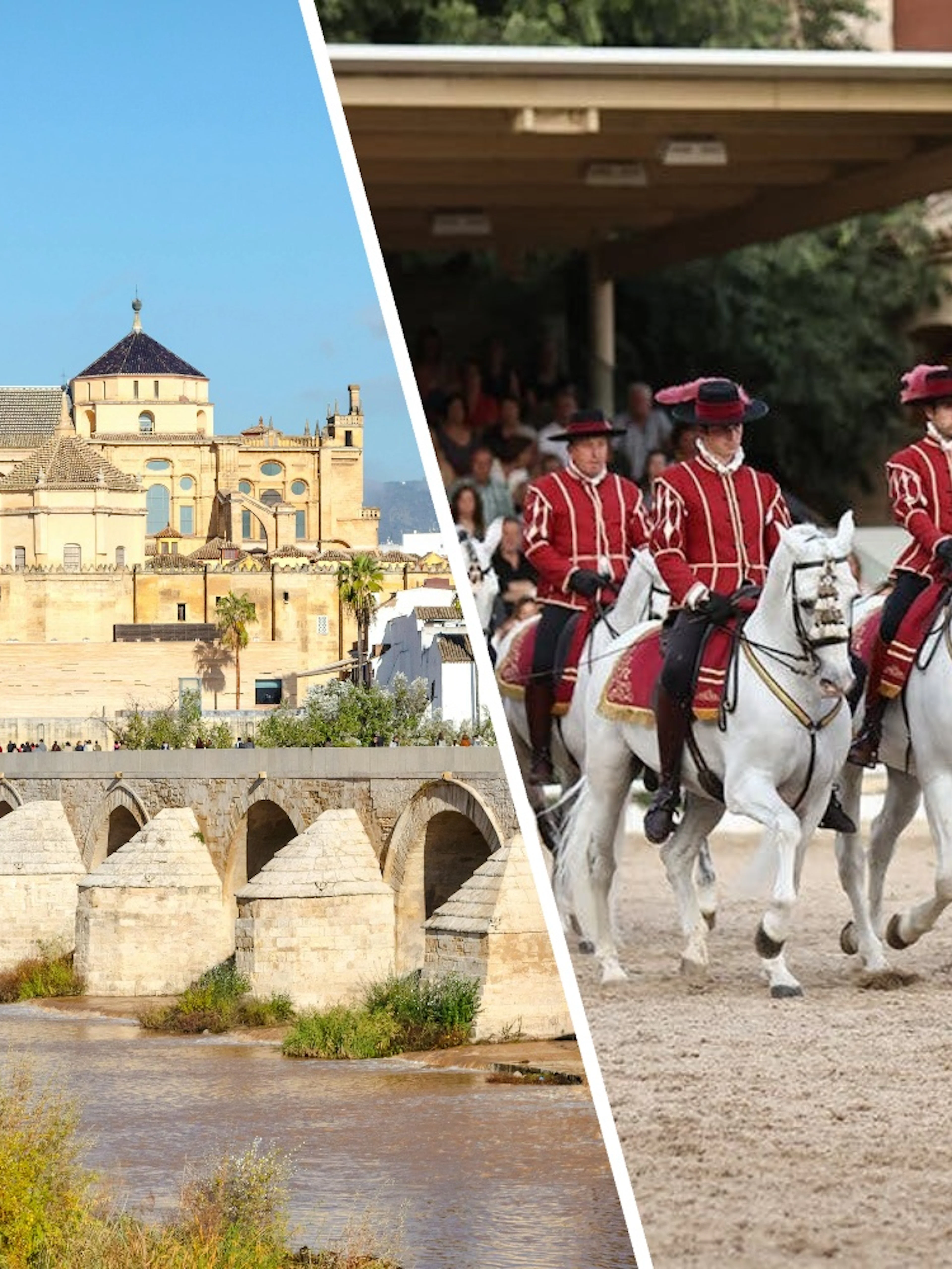 Puente Romano bridge with Cordoba's Mezquita and equestrian show in Andalusia, Spain.