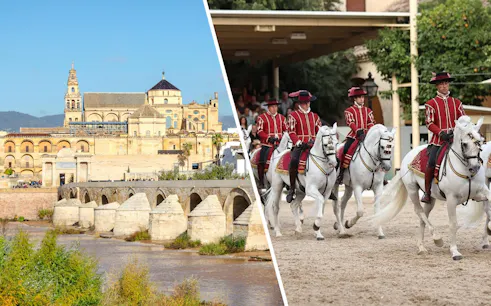 Puente Romano bridge with Cordoba's Mezquita and equestrian show in Andalusia, Spain.