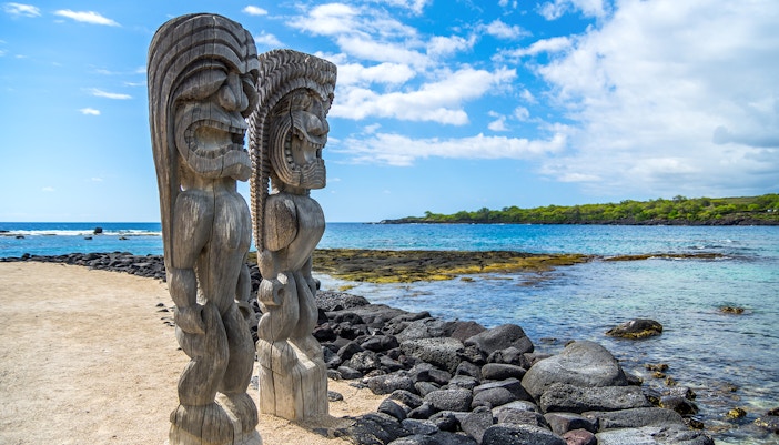 Wood carvings at Puʻuhonua O Hōnaunau National Historical Park, Big Island, Hawaii.