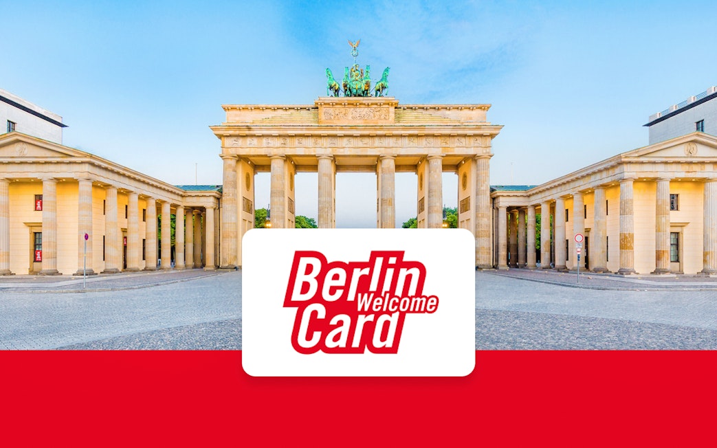 Brandenburg Gate in Berlin with Berlin WelcomeCard logo.