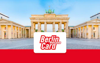 Brandenburg Gate in Berlin with Berlin WelcomeCard logo.