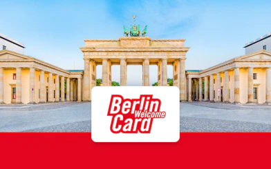 Brandenburg Gate in Berlin with Berlin WelcomeCard logo.