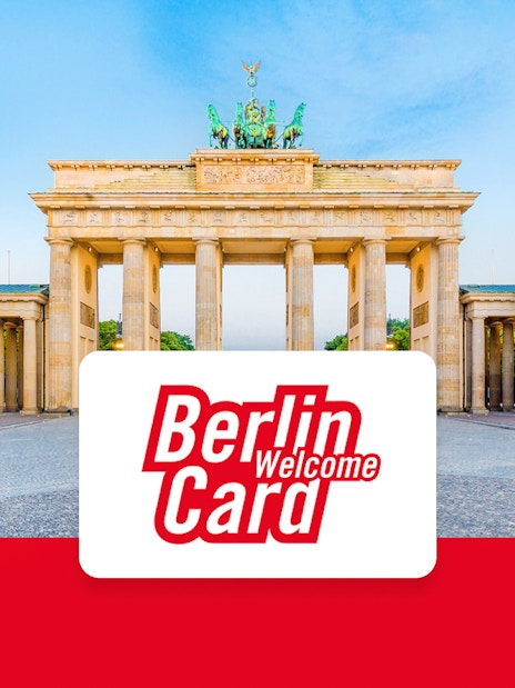 Brandenburg Gate in Berlin with Berlin WelcomeCard logo.