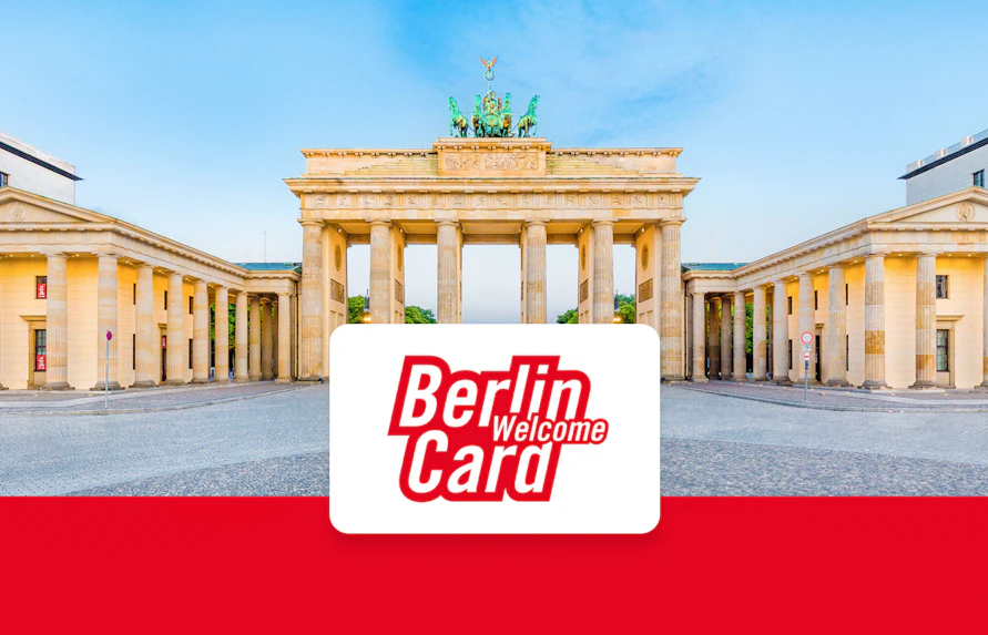 Brandenburg Gate in Berlin with Berlin WelcomeCard logo.
