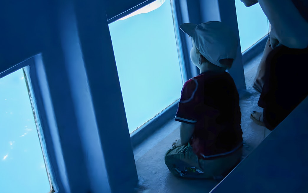 Tourist child observing marine life through glass bottom of Gran Canaria cruise boat.