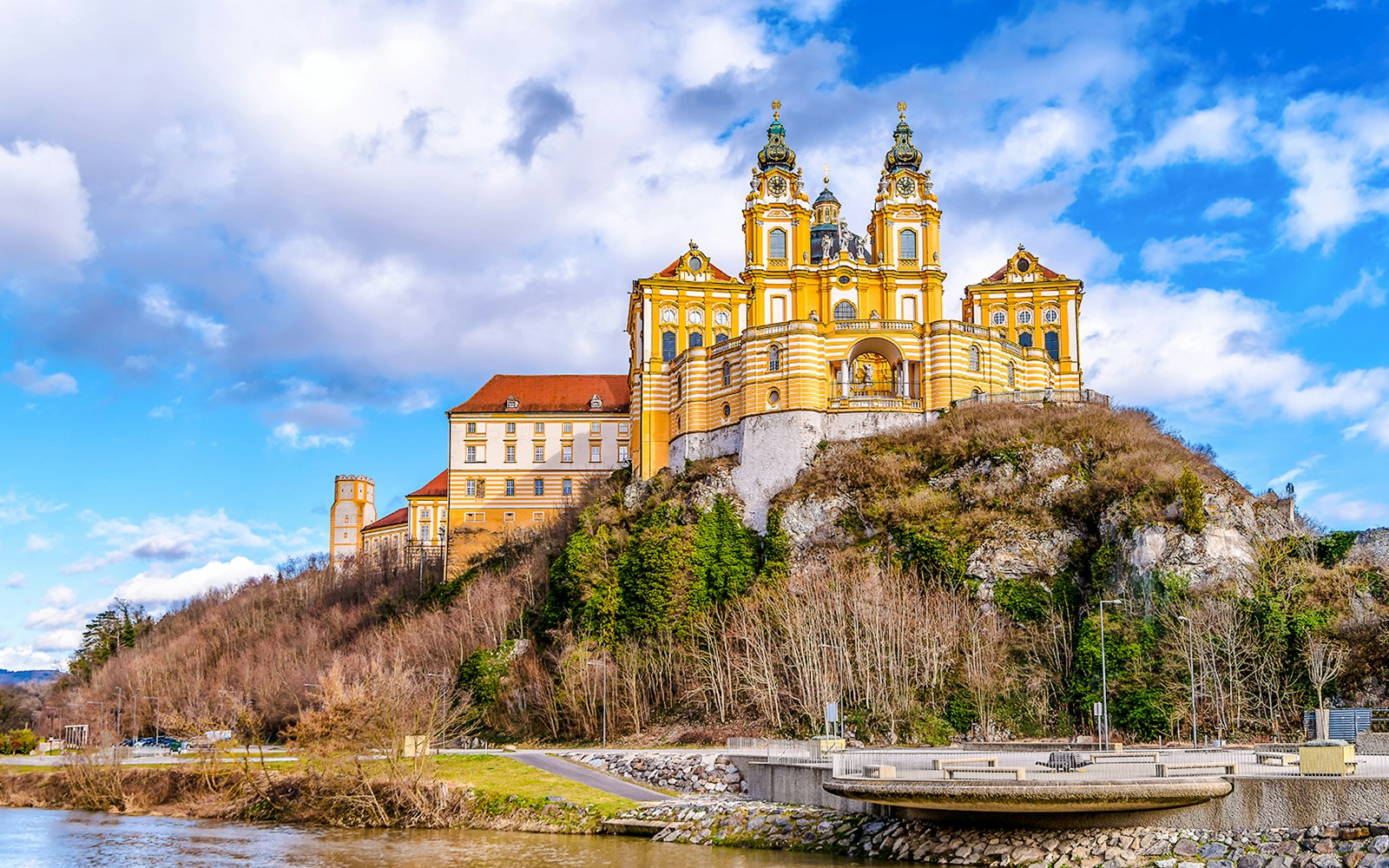 Melk Abbey perched on a hill overlooking the Danube River in Austria.