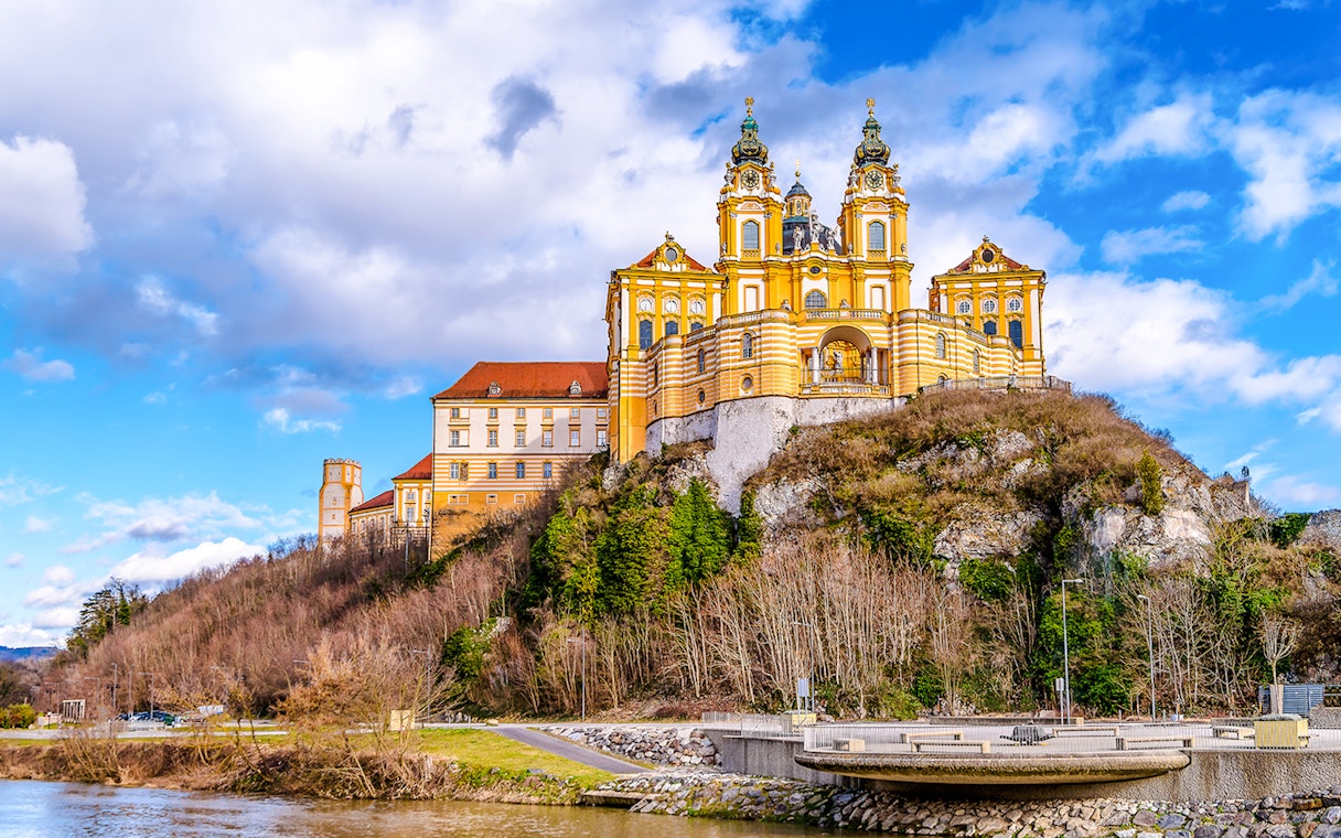 Melk Abbey perched on a hill overlooking the Danube River in Austria.