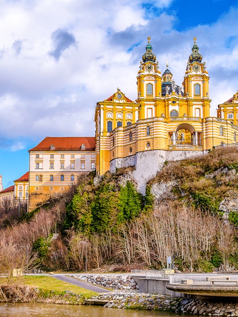 Melk Abbey perched on a hill overlooking the Danube River in Austria.
