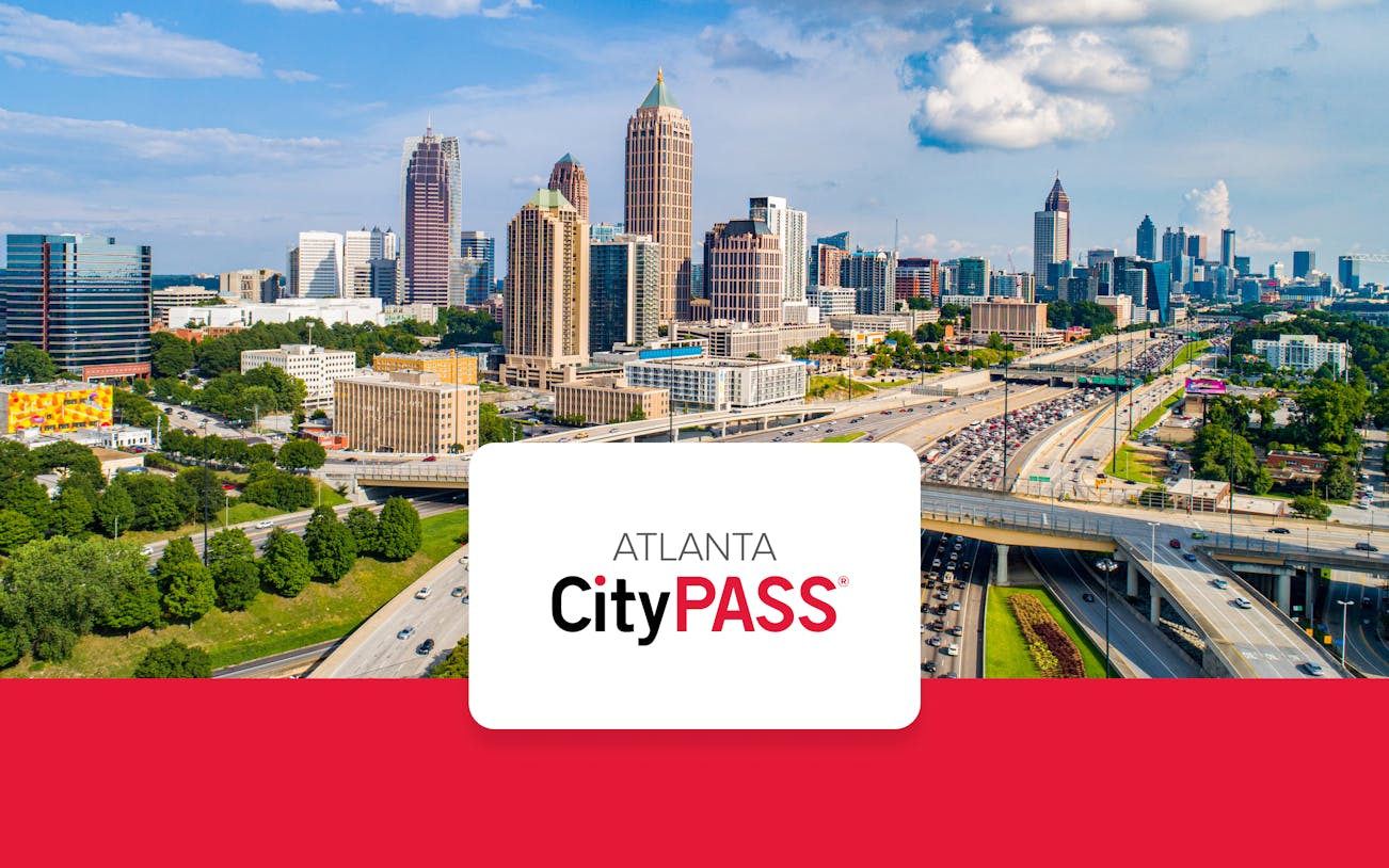 Atlanta city skyline with skyscrapers and highways, featuring CityPASS logo.