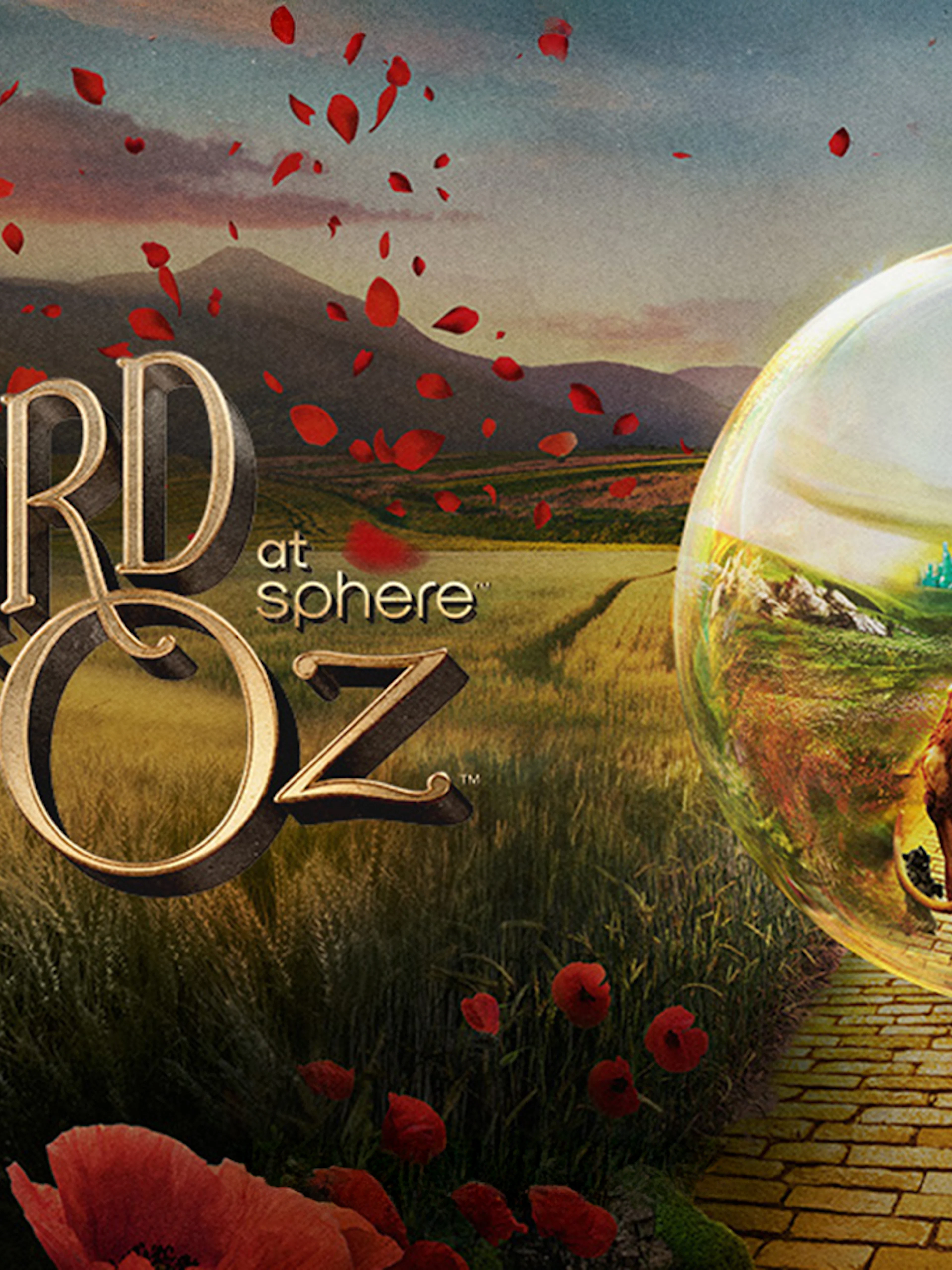 Wizard of Oz characters on yellow brick road toward Emerald City at Sphere.