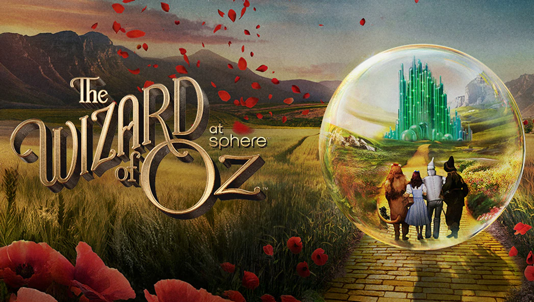 Wizard of Oz characters on yellow brick road toward Emerald City at Sphere.