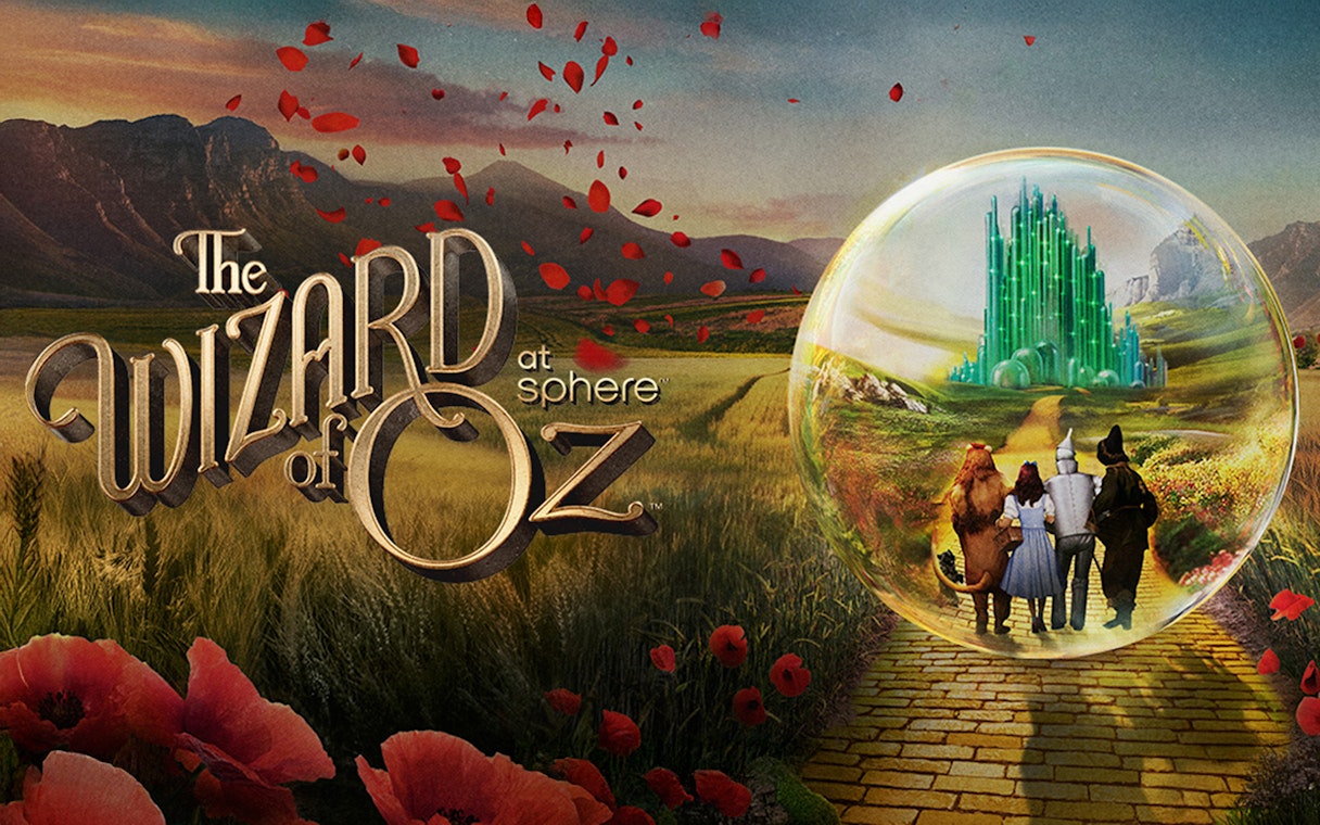 Wizard of Oz characters on yellow brick road toward Emerald City at Sphere.