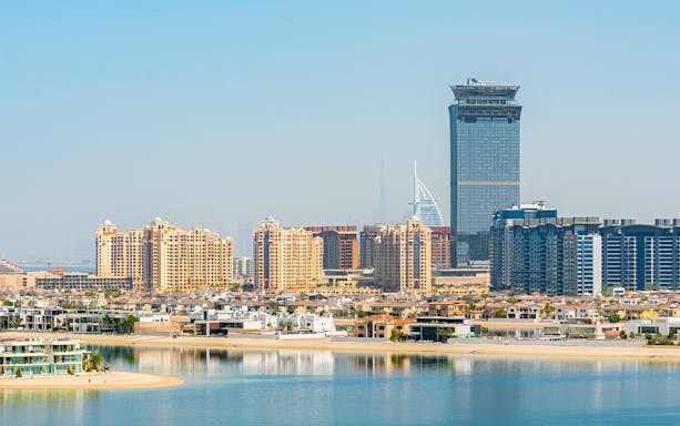 Skyline view of The Palm Tower and surrounding buildings on Palm Jumeirah, Dubai.