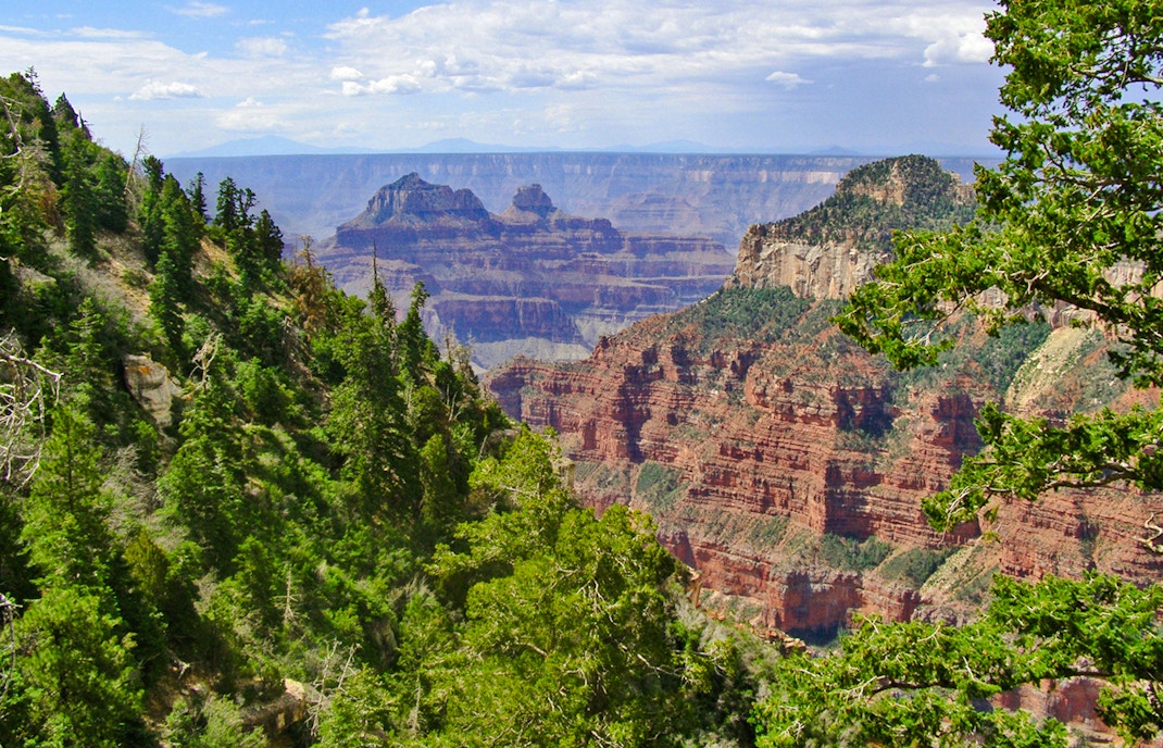 Grand Canyon view from North Rim campsite with tents and pine trees in foreground.