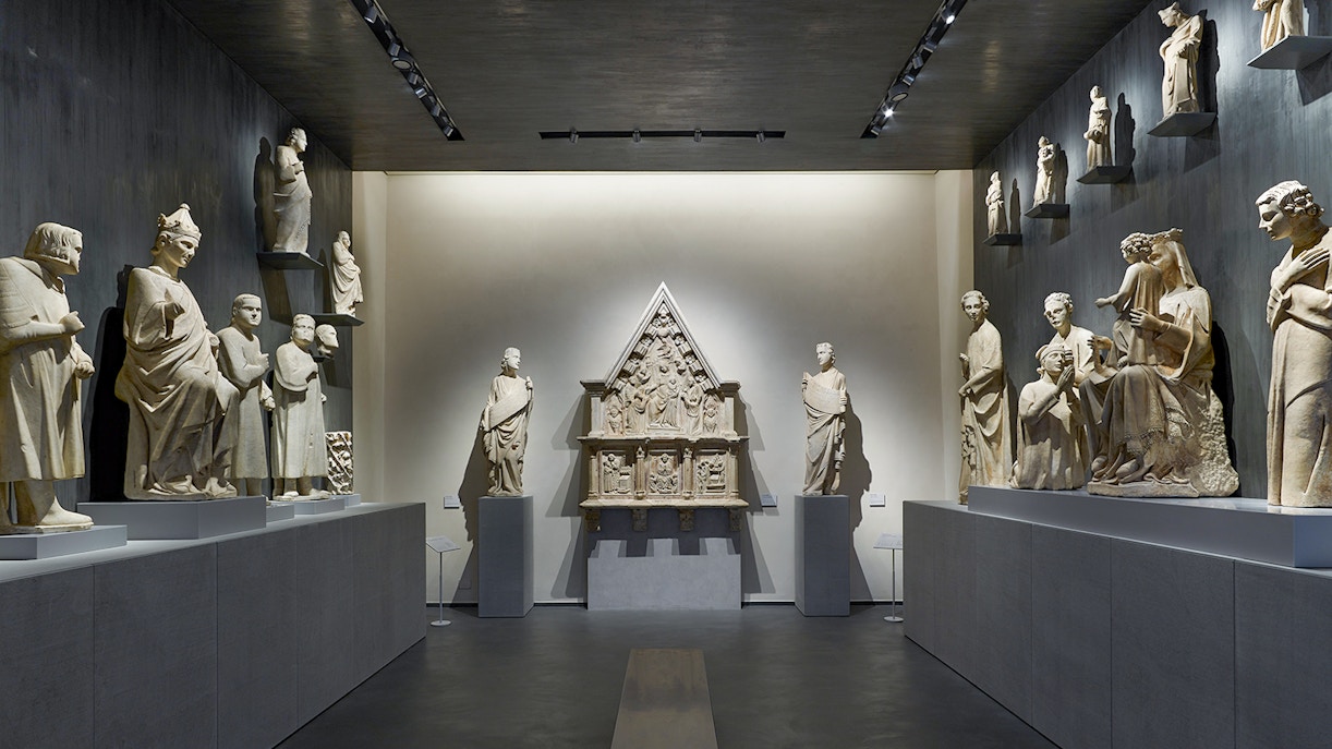 Sculptures displayed at Opera del Duomo Museum in Pisa.