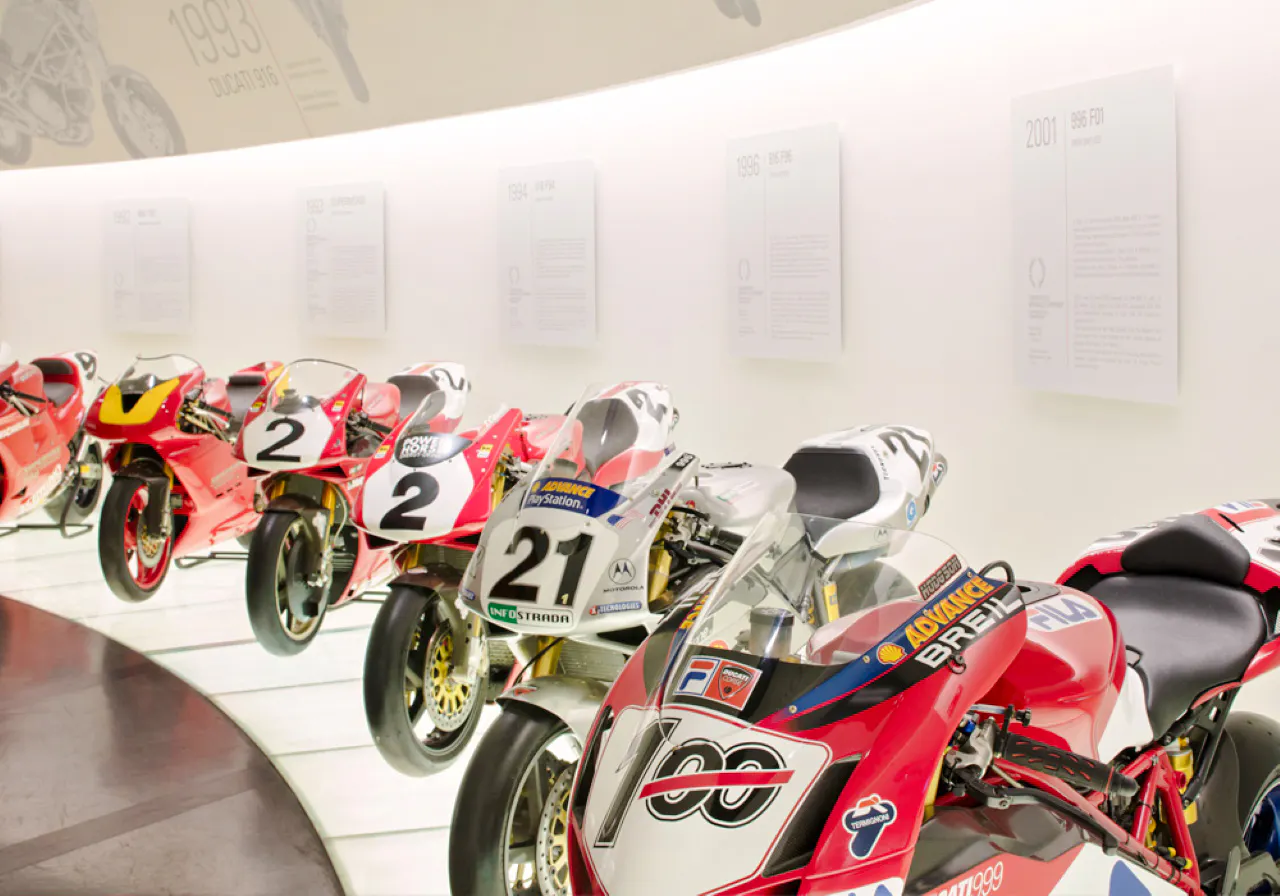 Ducati racing motorcycles on display at the Ducati Museum in Bologna.