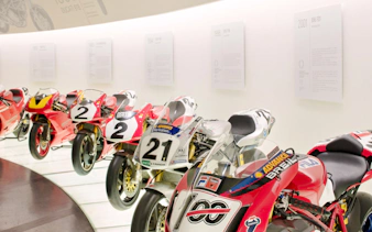 Ducati racing motorcycles on display at the Ducati Museum in Bologna.