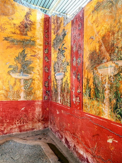 Oplontis villa frescoes with vibrant garden scenes on a small group tour.