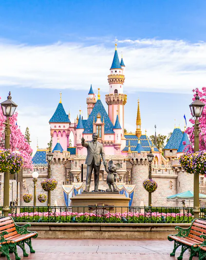 Disneyland California castle with cherry blossoms and blue sky.