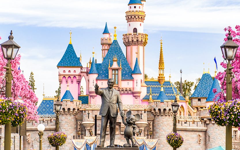 Disneyland California castle with cherry blossoms and blue sky.