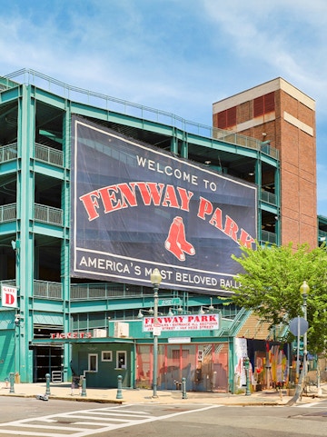 Fenway Park entrance with large welcome sign, Boston.