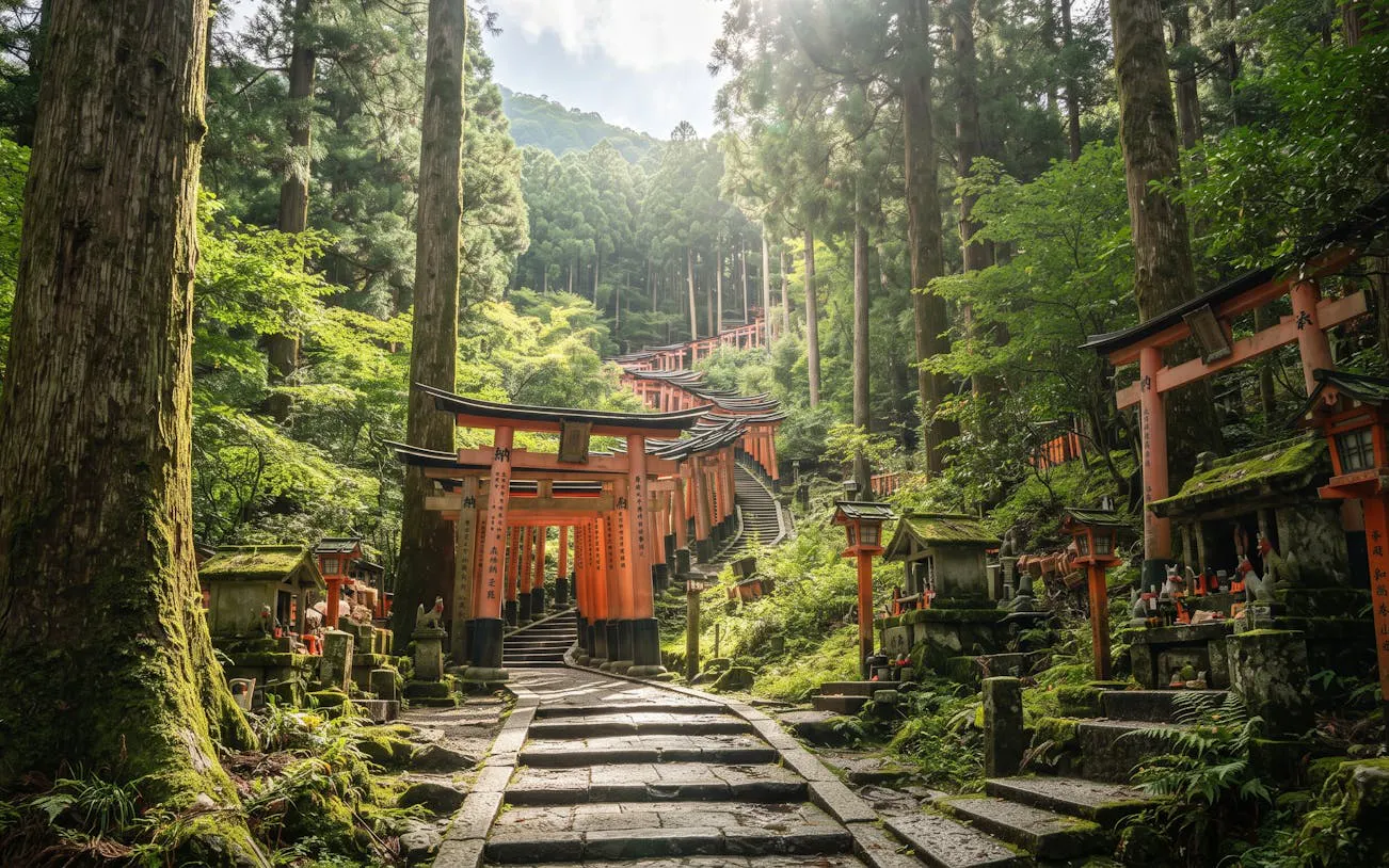 Torii gates along a forest path at Fushimi Inari, Kyoto, during a night walk experience.