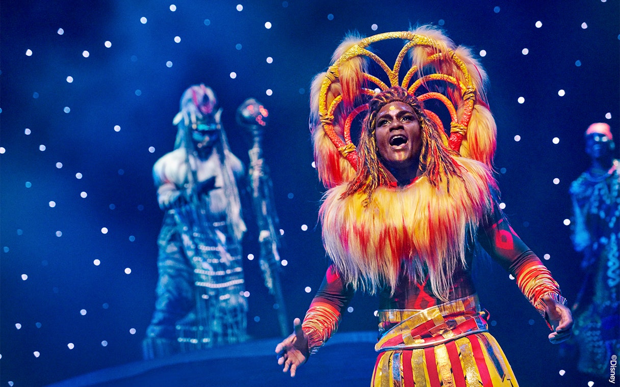 Performer in vibrant costume on stage during a show at Disneyland® Paris.