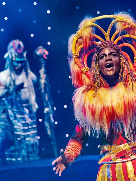 Performer in vibrant costume on stage during a show at Disneyland® Paris.