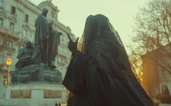 Statue in Bucharest with a veiled figure in foreground during sunset.