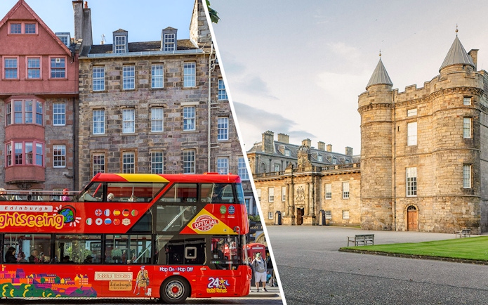 Edinburgh sightseeing bus in front of The Royal Mile building.
