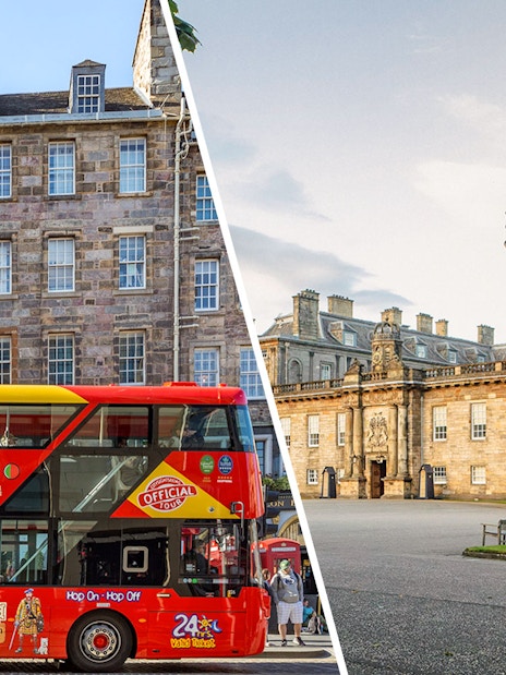 Edinburgh sightseeing bus in front of The Royal Mile building.