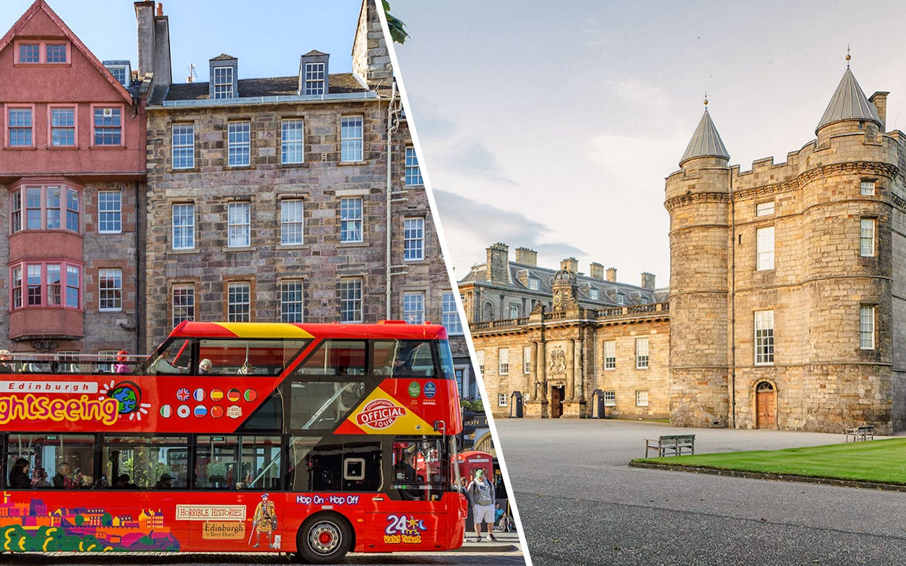 Edinburgh sightseeing bus in front of The Royal Mile building.
