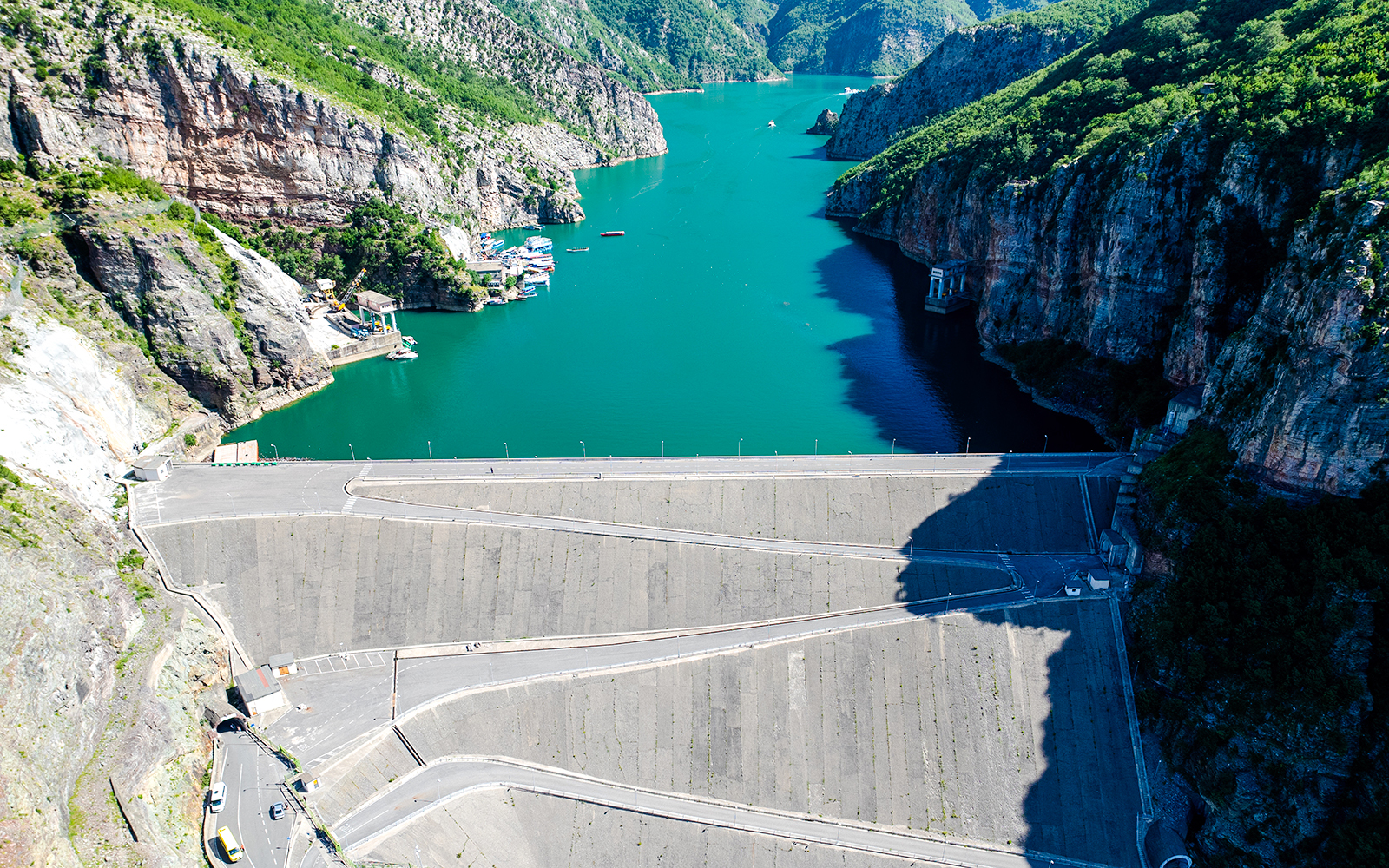 Aerial view of Komani Lake and hydroelectric dam in Shkoder, northern Albania.