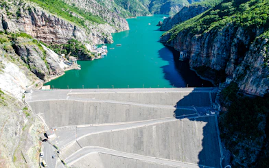 Aerial view of Komani Lake and hydroelectric dam in Shkoder, northern Albania.