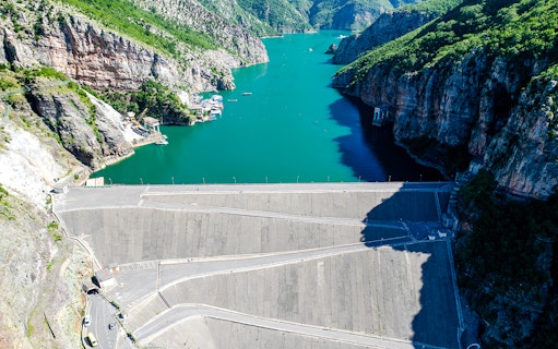 Aerial view of Komani Lake and hydroelectric dam in Shkoder, northern Albania.