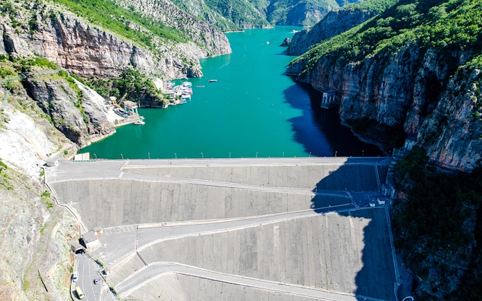 Aerial view of Komani Lake and hydroelectric dam in Shkoder, northern Albania.